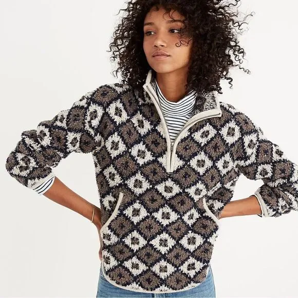 Madewell Popover Sweater Fuzzy Teddy Bear Style Fleece 1/4 Zip Diamond Print M - Picture 15 of 15